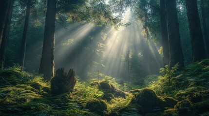 Obraz premium Sunlight filters through trees in a serene forest, illuminating lush green foliage and creating a tranquil, mystical atmosphere.