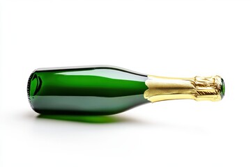 A green bottle with golden foil lying on a white background