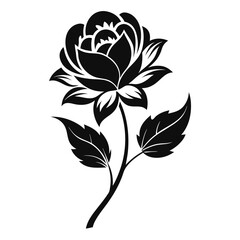 Elegant Black Rose Flower Silhouette. Detailed Blossom, Stem, and Leaf on White Background