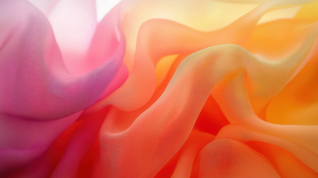 Soft pastel pink orange yellow silk fabric drapes elegantly in flowing waves creating a luxurious and dreamy textured background perfect for design projects.