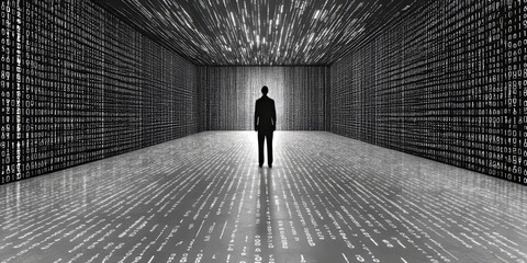 Businessman In Server Room With Digital Binary Data Flow Representing Big Data And Technology