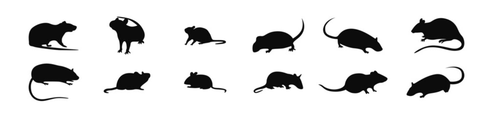 n isolated white background with mouse rat silhouettes, a large pack of modern silhouettes, vector illustration