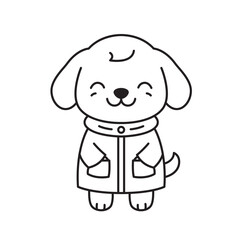 Cute Puppy Little Dog Pet Animal Cartoon Character Wearing Jacket Coat in Line Art Design