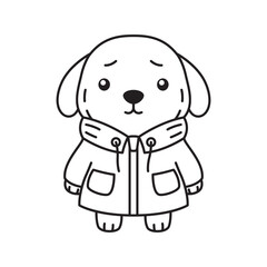 Cute Puppy Little Dog Pet Animal Cartoon Character Wearing Jacket Coat in Line Art Design