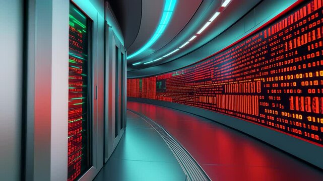 Futuristic Data Center with Glowing Binary Code