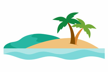 Tropical Island Beach Scene Featuring Hammocks, Coconut Trees, and Clear Skies on White Background

