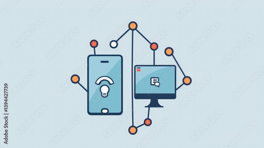 Poster a simple vector image of a phone and a computer icon connected by a line.