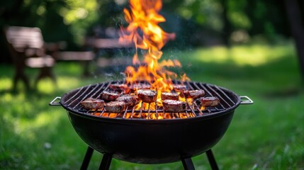 Delicious Barbecue Grill With Fire On Open Air in backyard setting