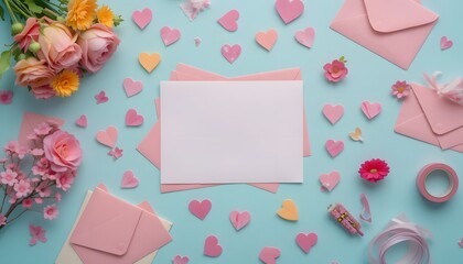 Romantic Valentine's Day flat lay with pink roses, hearts, and envelopes on pastel background