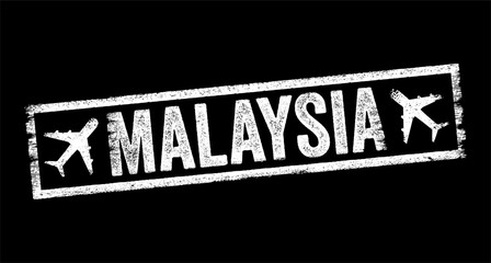 Malaysia - is a Southeast Asian country occupying parts of the Malay Peninsula and the island of Borneo, text emblem stamp with airplane