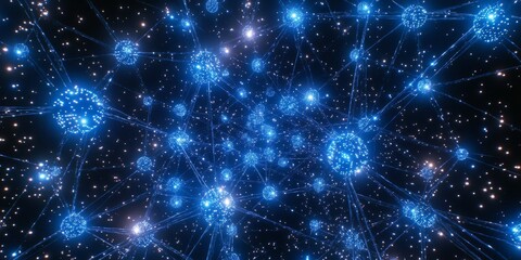 Fototapeta premium Glowing Network Connections of Luminous Orbs and Radiant Lines on a Dark, Starry Background