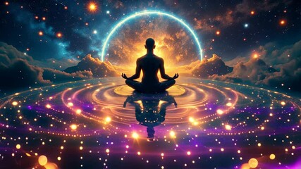 The scene is serene and peaceful, with the person in the center of the image