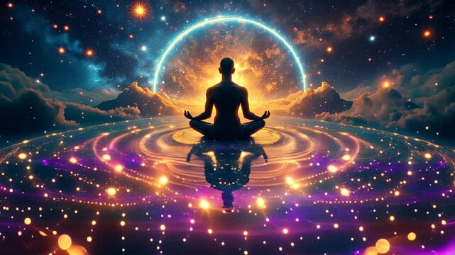 The scene is serene and peaceful, with the person in the center of the image