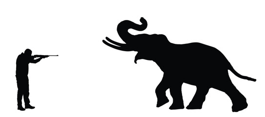 Man poacher shooting on elephant vector silhouette illustration isolated. Hunter with rifle target big wild animal. Illegal hunt aiming boy safari trophy. Outdoor criminal activity killing for ivory.