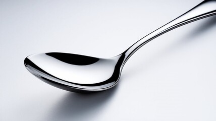 The photo showcases a polished stainless steel spoon with a sleek, elegant design, positioned at a slight angle on a clean white background.