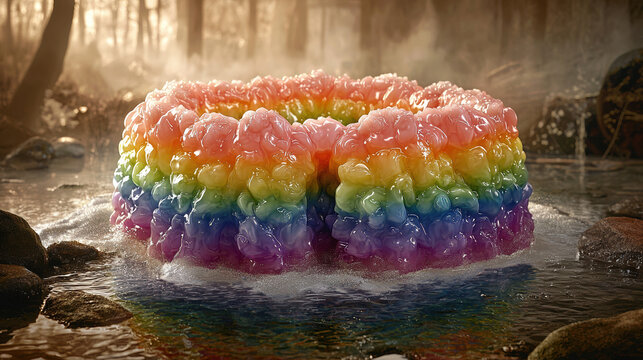 A vibrant rainbow-colored, gelatinous structure floats serenely on a tranquil stream in a mystical forest, its glistening surface reflecting the soft, ethereal light filte