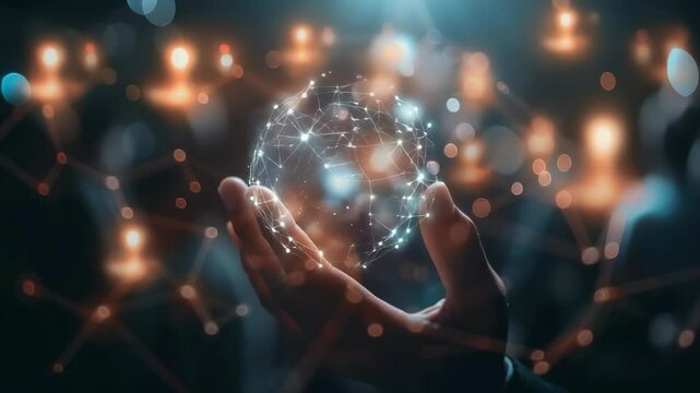 Businessman hold circle of network structure HR Human resources. Business leadership concept. Management and recruitment. Social network. Different person, business, leader