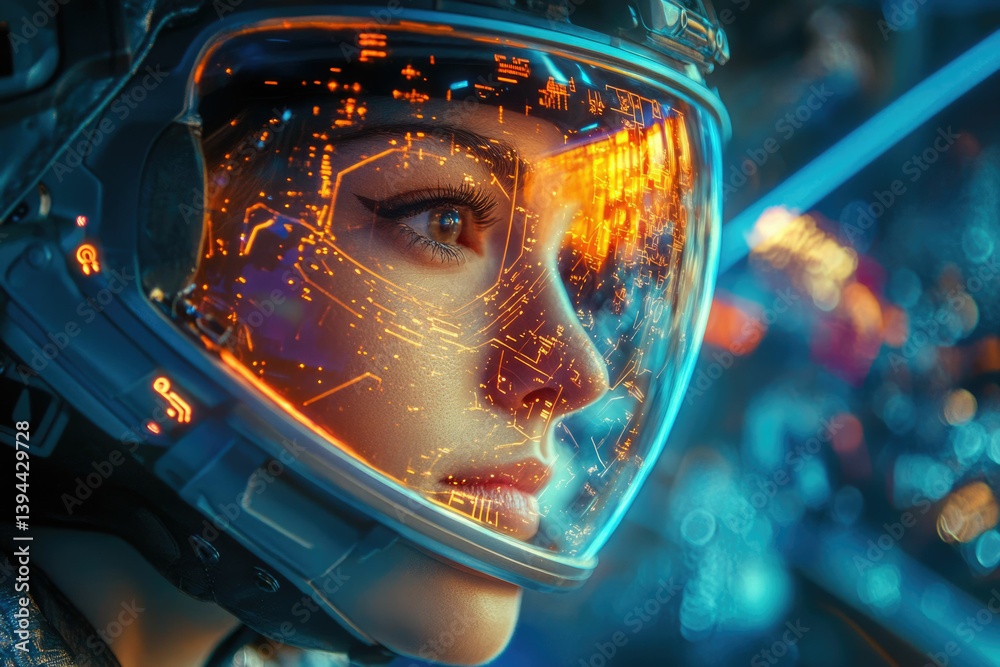 Aufkleber A woman in a futuristic helmet with circuit patterns reflected in her visor, representing technology and advanced vision.