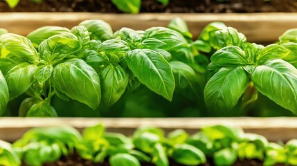 Obraz premium A close-up of several green plants growing in a planter, surrounded by dirt on the ground