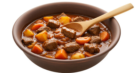 Hearty beef stew with tender vegetables and rich gravy in a rustic bowl