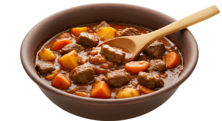 Hearty beef stew with tender vegetables and rich gravy in a rustic bowl