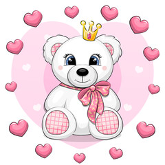 Cute cartoon polar bear toy with crown and pink bow in heart frame. Vector illustration of animal on pink background.
