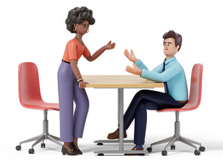 Obraz premium 3D woman and 3D man discuss over a table, symbolizing collaboration and communication. 3d rendering, conceptual image. Isolated on white background.