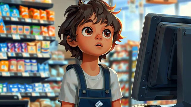 animated boy at self-checkout counter