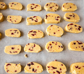 raw, ready-to-bake orange and cranberry cookie dough