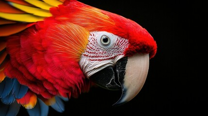 Fototapeta premium Red and yellow parrot with feathers on its back against a dark background in close-up