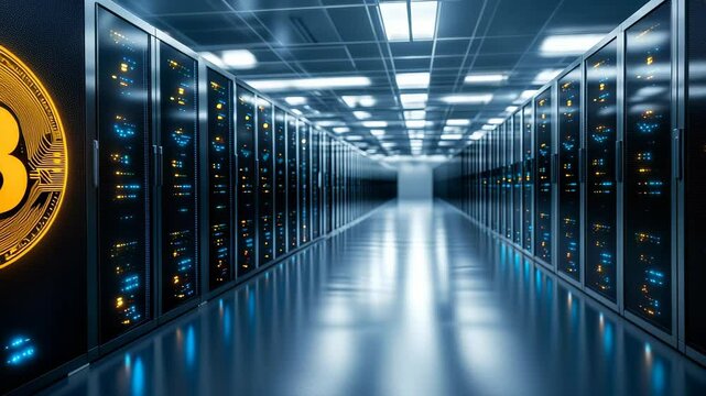 Bitcoin logo glowing in futuristic server room