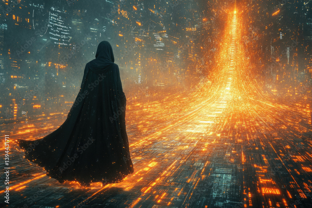 Poster a cloaked figure stands before a luminous, digital landscape of futuristic pathways and glowing data