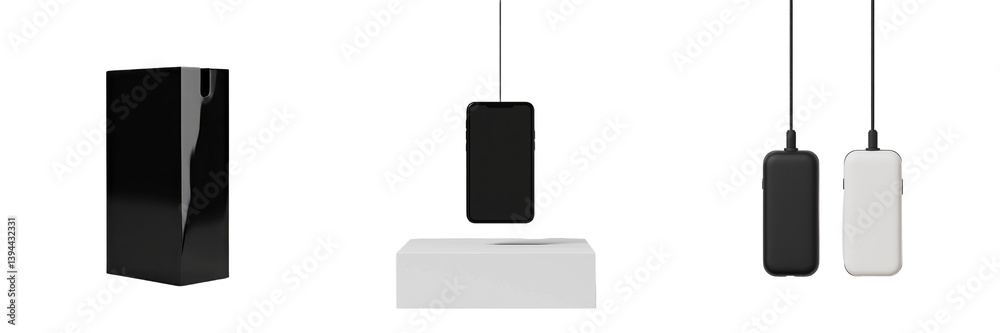 Fototapete Minimalist mockups of electronic devices displayed in an isolated setting with black and white color scheme