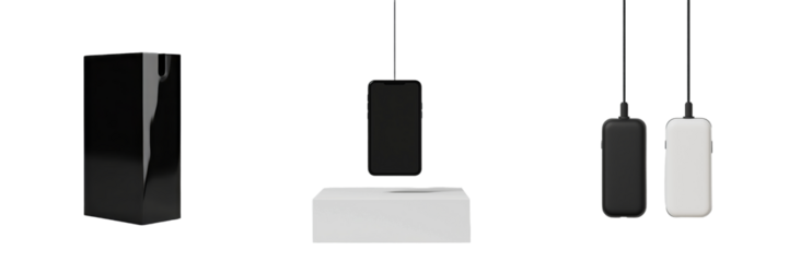 Minimalist mockups of electronic devices displayed in an isolated setting with black and white color scheme