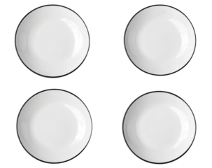 Minimalist mockup of four isolated circular plates with thin black rims on a neutral background
