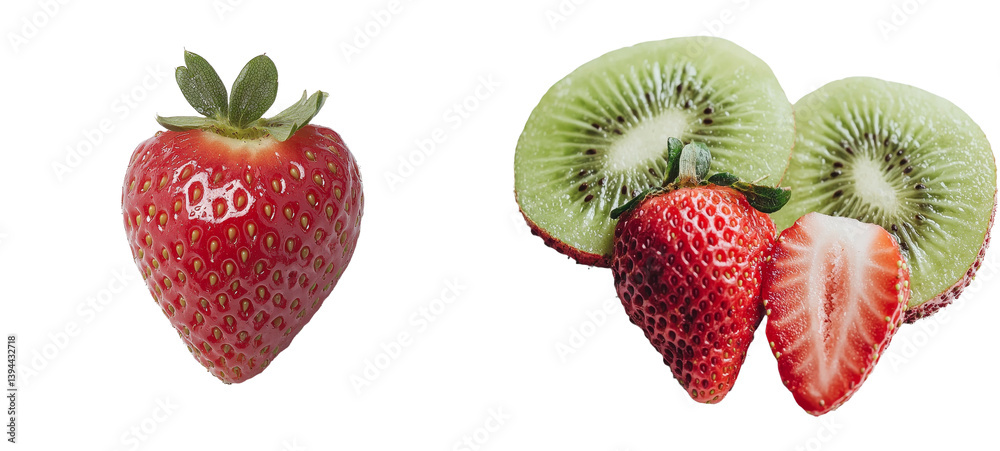 Poster fresh strawberries and kiwi slices arranged in a clean, minimalist layout showcasing vibrant colors 