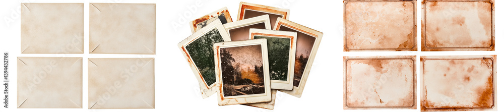 Poster minimalist mockups featuring isolated vintage photographs and empty frames arranged on a neutral bac