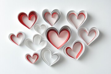 Top view of multiple red and white quilled paper hearts arranged on a clean white background with soft shadows