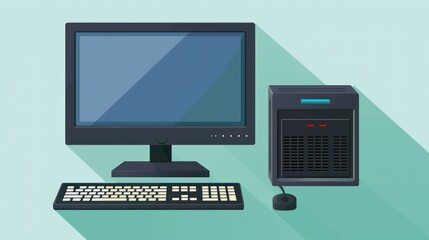 Fototapeta premium A flat design of a desktop computer icon with a monitor and keyboard.