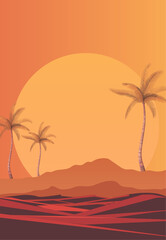 Sunset Illustration Design With palm trees and mountain, vector illustration design.