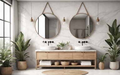 Contemporary Bathroom with White Freestanding Tub and Wooden Vanity
