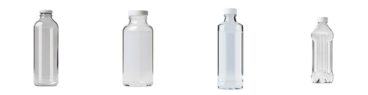 Minimalist display of clear glass water bottles in isolated mockups with varying shapes and sizes