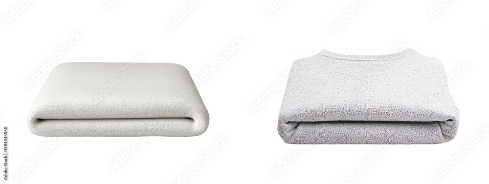 Poster minimalist mockups showcasing folded fabric and a light grey sweatshirt in a clean, isolated studio 