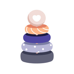 Stacking toy, pyramid with rings. Wooden tower for baby and nursery kids play. Educational building game, motor skill for preschool kindergarten. Flat vector illustration isolated on white background