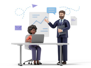 3D man presents to 3D woman, symbolizing collaboration and information sharing. 3d rendering, conceptual image. Isolated on white background.