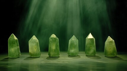 Six green crystal formations displayed under green spotlight beams of light