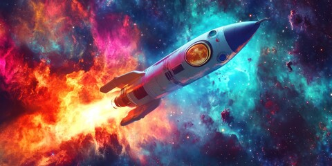 Fototapeta premium Retro rocket ship flying in space with a colorful nebula background.