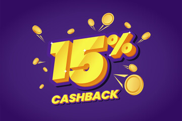 15% Cashback Promotion Banner with Floating Gold Coins on Purple Background