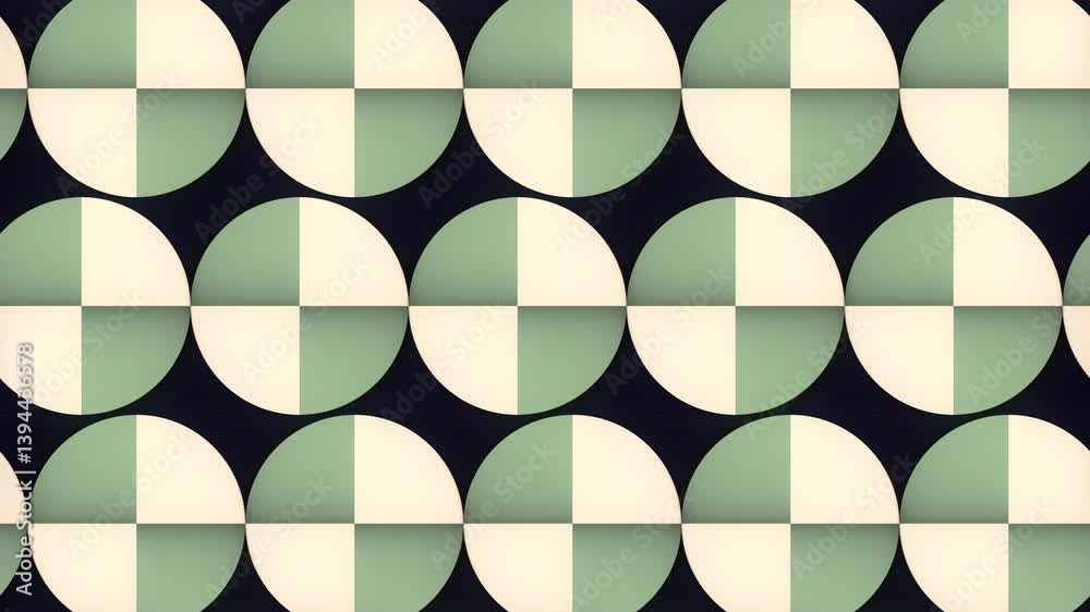 Poster Digital seamless loop animation with a repeating geometric pattern of green and white circles divided into four parts. Soft and calm colors contrast with dark blue background. 3d rendering 4K