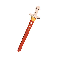 Sword with blade in sheath, hilt. Old ancient historic weapon, myth legend artifact. Roman gladius, protection armor, guard armour. Flat graphic vector illustration isolated on white background